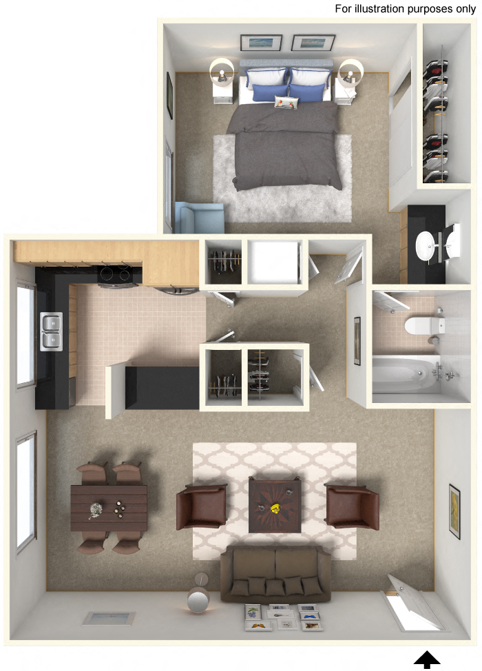 Floor plan for 1 bed, 1 bath, 750 sqft